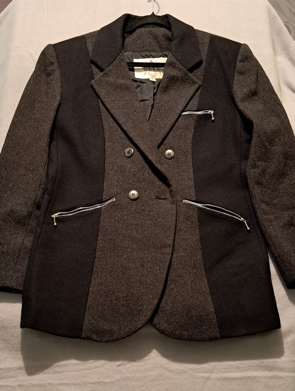 Vintage 100% Wool Women's Black & Charcoal Double-Breasted Pea Coat